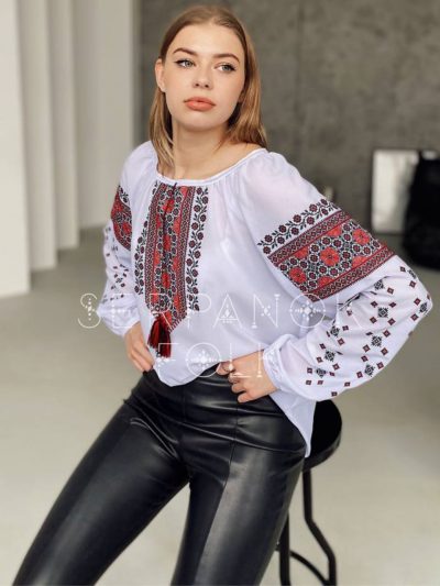 Традиційна біла шифонова жіноча вишита блуза з довгим рукавом "Маруся" - Зображення 3