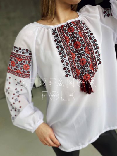 Традиційна біла шифонова жіноча вишита блуза з довгим рукавом "Маруся" - Зображення 4