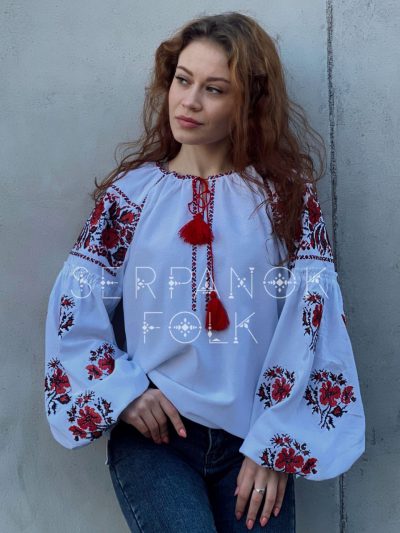 Традиційна українська жіноча вишиванка бохо біла з червоними квітами "Варвара" - Зображення 5
