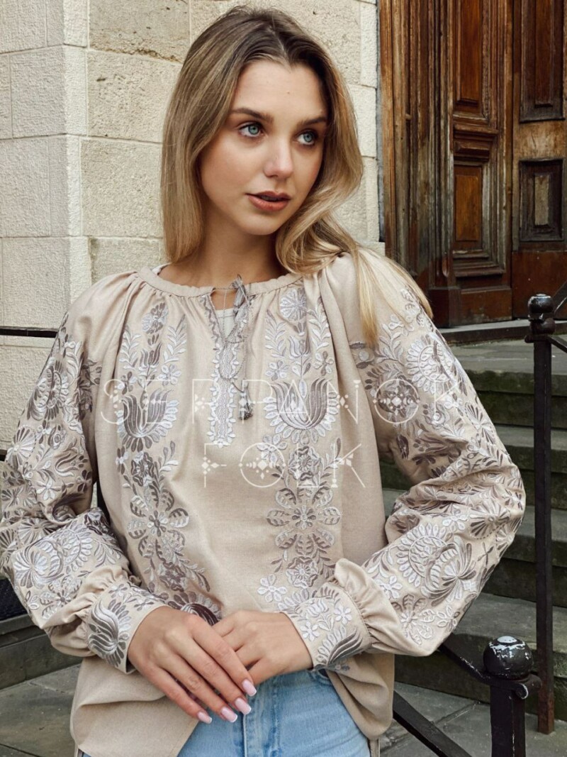 Ексклюзивна бежева жіноча вишиванка на м'якій тканині льон-бавовна "Містика" - Зображення 2