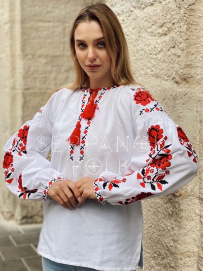 Українська традиційна біла вишита блуза в стилі бохо з червоними квітами "Ханна" - Зображення 2